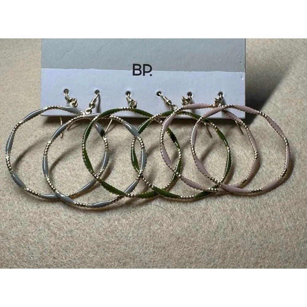 BP. 3-Pair Enamel Hoop Earrings Set Gray Green Pink Gold Tone NWT New Boho